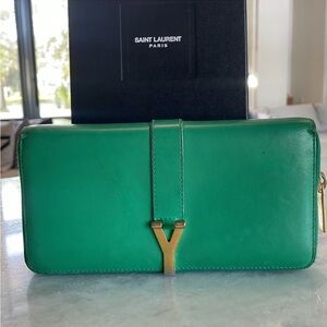 Yves Saint Laurent Green Wallet with Gold Accent
